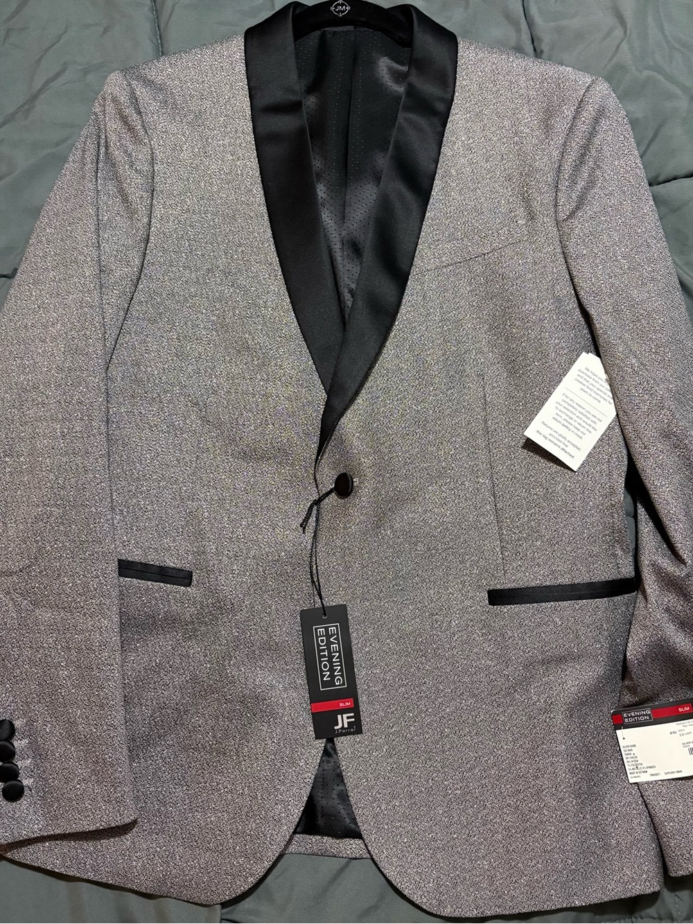jf j.ferrar Silver Glitter Shawl Lapel Tuxedo Blazer with Black Trim